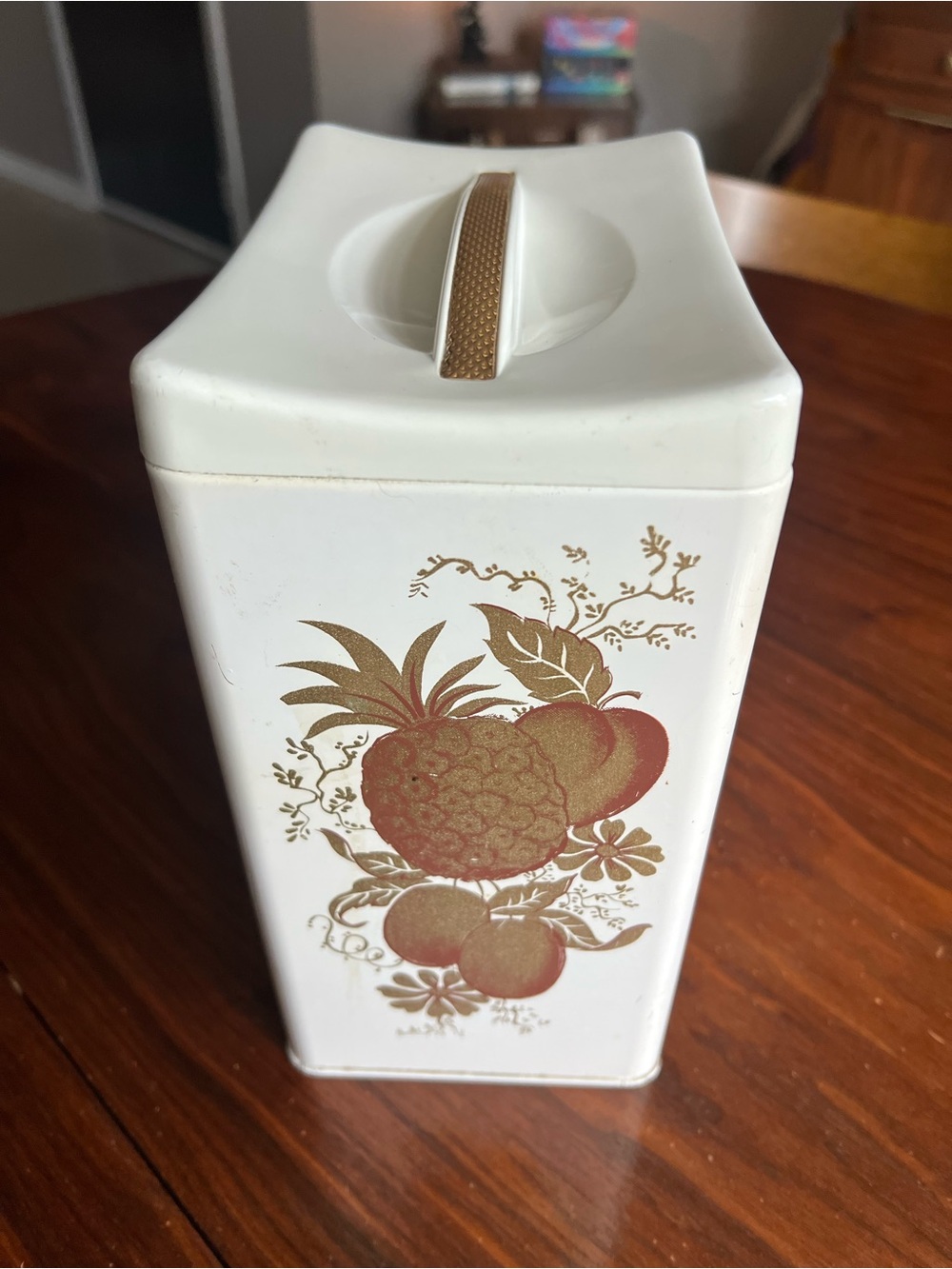 Vintage Ransburg White Metal Canister with Gold Fruit Motif and plastic lid